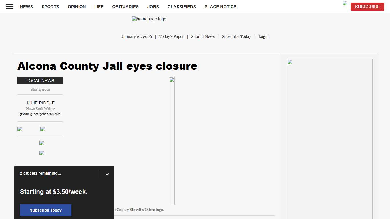 Alcona County Jail eyes closure | News, Sports, Jobs - The Alpena News